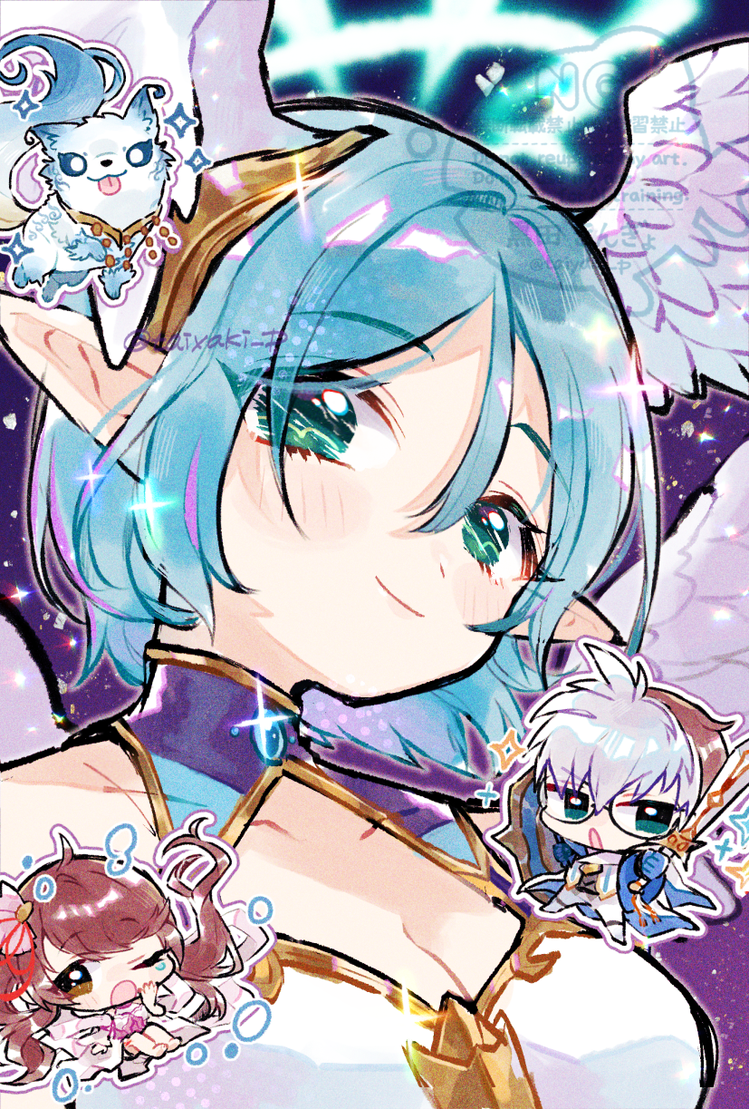 doradorakingyo, aether (shadowverse), shadowverse, shadowverse: worlds beyond, character request, commentary, highres, 1boy, 2girls, :o, ;o, blue hair, blush, breasts, brown hair, chibi, cleavage, closed mouth, dress, feathered wings, green eyes, grey hair, hair between eyes, head wings, holding, holding sword, holding weapon, long hair, looking at viewer, multiple girls, one eye closed, open mouth, pointy ears, purple background, short hair, smile, sword, watermark, weapon, white dress, white wings, wings