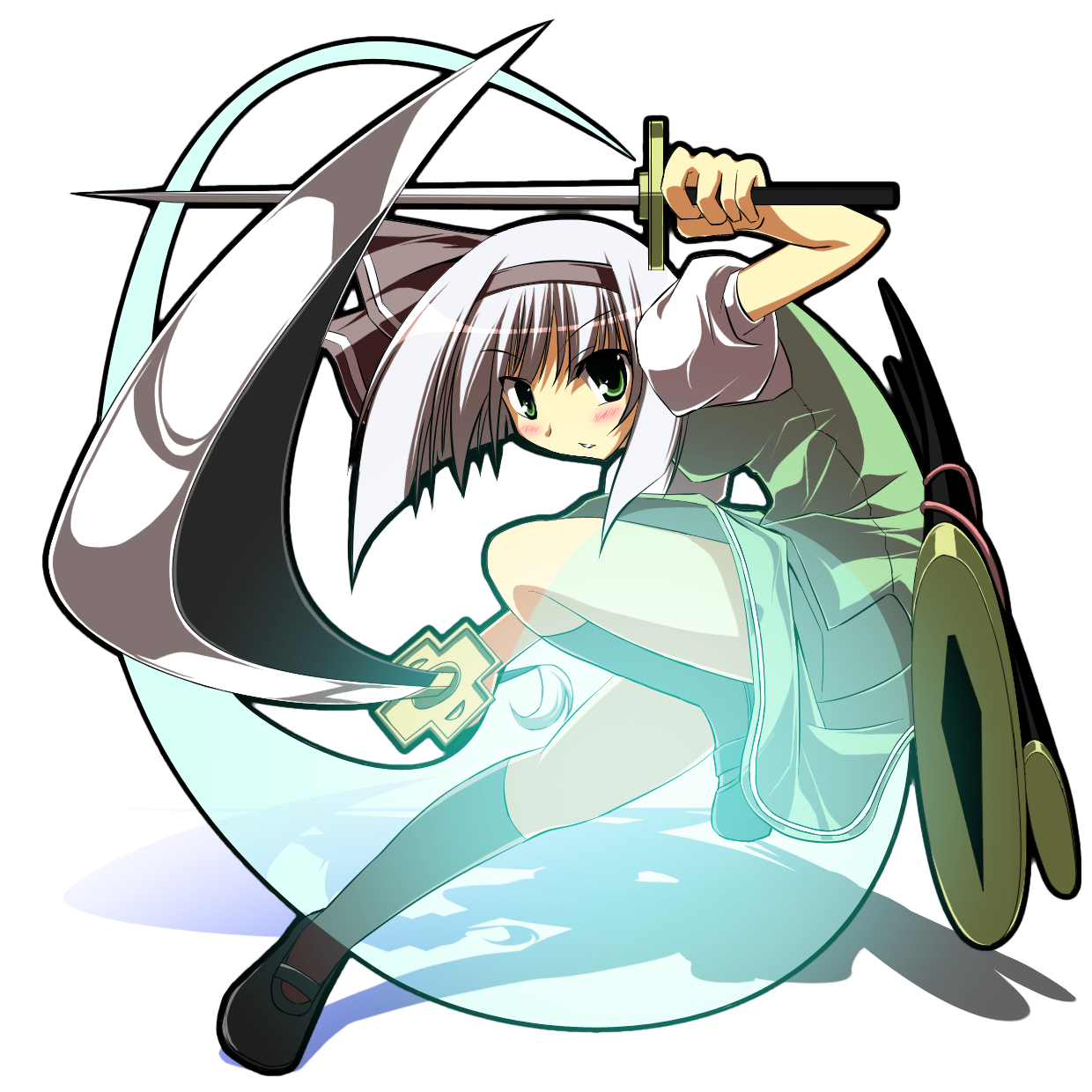 sakurame, konpaku youmu, konpaku youmu (ghost), touhou, highres, 1girl, dual wielding, female focus, foreshortening, green eyes, hairband, hitodama, holding, katana, scabbard, sheath, short hair, solo, sword, tanto, transparent, weapon, white hair