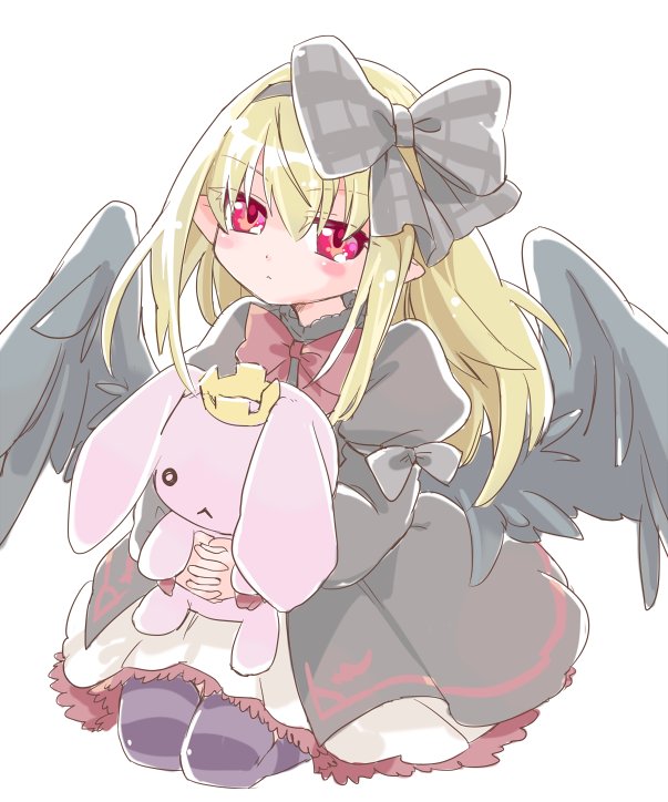 yusa yuyu, dark feather alma, emil chronicle online, 1girl, black dress, black hairband, black ribbon, black wings, blonde hair, dress, hair ribbon, hairband, holding, holding stuffed toy, long hair, neck ribbon, pointy ears, purple thighhighs, red eyes, red ribbon, ribbon, seiza, sitting, solo, striped clothes, striped thighhighs, stuffed animal, stuffed rabbit, stuffed toy, thighhighs, white background, wings