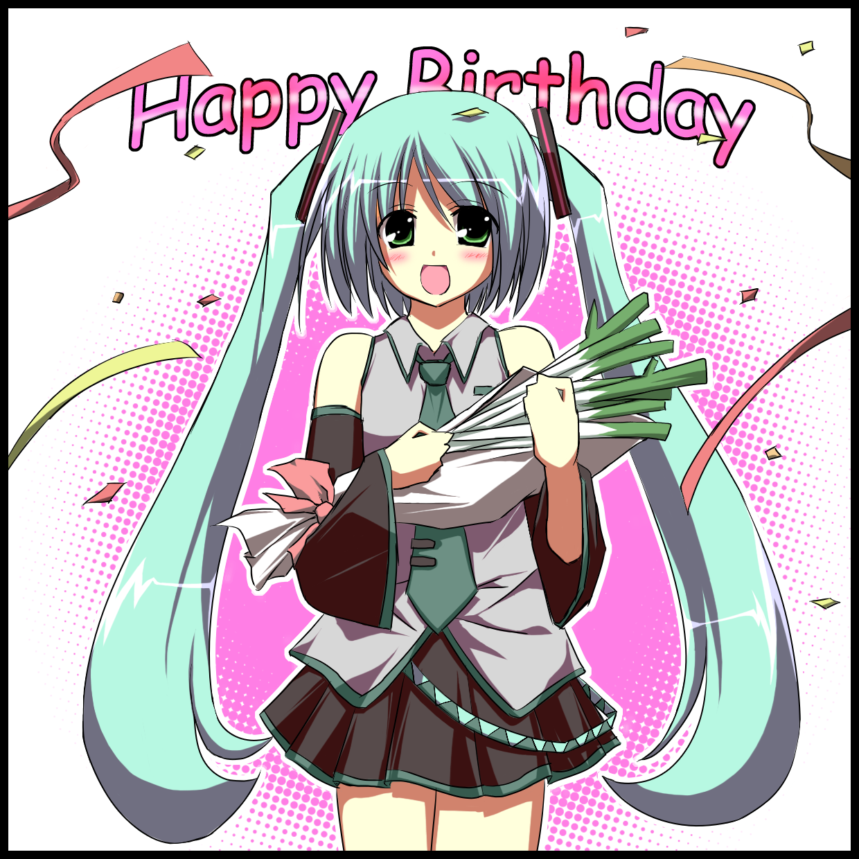 sakurame, hatsune miku, vocaloid, bad id, bad pixiv id, highres, 1girl, aqua hair, belt, blush, confetti, detached sleeves, female focus, green eyes, happy birthday, long hair, necktie, skirt, solo, spring onion, twintails, very long hair