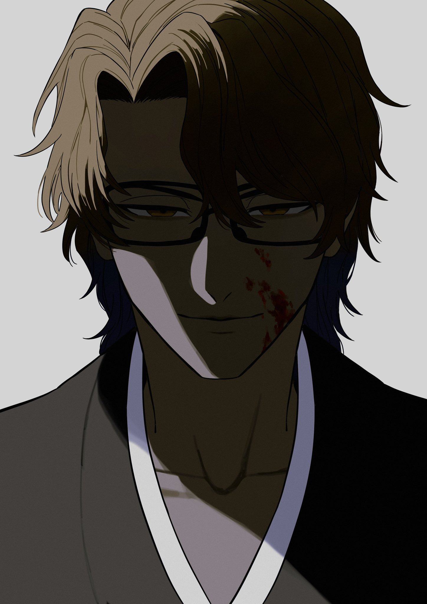 aizen sousuke, bleach, highres, black kimono, blood, blood on face, brown eyes, brown hair, evil smile, grey background, half-closed eyes, japanese clothes, kimono, looking at viewer, parted bangs, shade, shihakusho, simple background, smile, sx1bmv, wavy hair