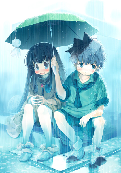 hanpen, puus, original, 2girls, black hair, blue eyes, blush, embarrassed, female focus, full body, gradient background, long hair, multiple girls, outdoors, rain, shared umbrella, short hair, shy, sitting, steepled fingers, teruterubouzu, umbrella