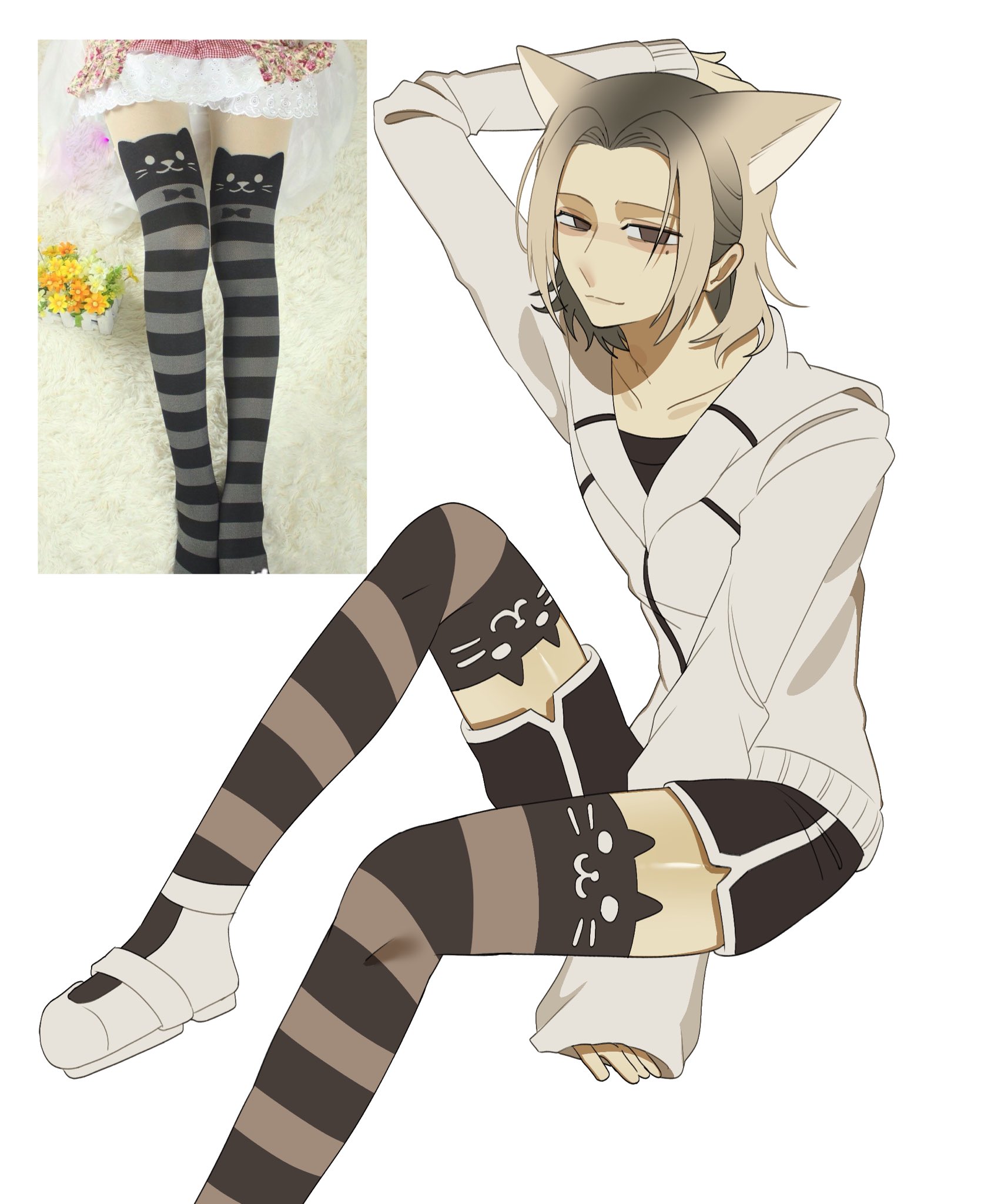 chishiya shuntarou, imawa no kuni no alice, commentary, hashtag-only commentary, highres, photo-referenced, symbol-only commentary, 1boy, animal ear legwear, animal ears, arm between legs, arm up, black shirt, black shorts, blonde hair, brown eyes, brown hair, brown thighhighs, cat boy, cat ear legwear, cat ears, collarbone, curtained hair, cyn 065, dolphin shorts, foot out of frame, gradient hair, hood, hoodie, light smile, looking at viewer, male focus, mary janes, medium hair, mole, mole under eye, multicolored hair, no pupils, photo inset, reference inset, shirt, shoes, short shorts, shorts, simple background, sleeves past wrists, solo, striped clothes, striped thighhighs, thighhighs, two-tone hair, two-tone thighhighs, white background, white hoodie, white shoes