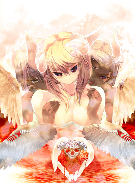 hanpen, puus, 3girls, androgynous, blood, dark-skinned female, dark skin, demon girl, horns, multiple girls, nude, pointy ears, skull, third eye, tongue, wings