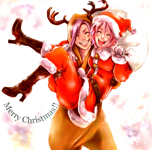neun (neun9), faris scherwiz, lenna charlotte tycoon, final fantasy, final fantasy v, bad id, bad pixiv id, lowres, 1990s (style), 2girls, androgynous, boots, christmas, hat, multiple girls, retro artstyle, reverse trap, santa costume, santa hat, siblings, sisters