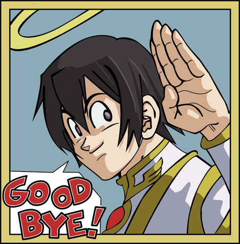 jigoku inu, lelouch vi britannia, code geass, dragon ball, dragonball z, lowres, spoilers, 1boy, halo, male focus, parody, solo, style parody, toriyama akira (style)