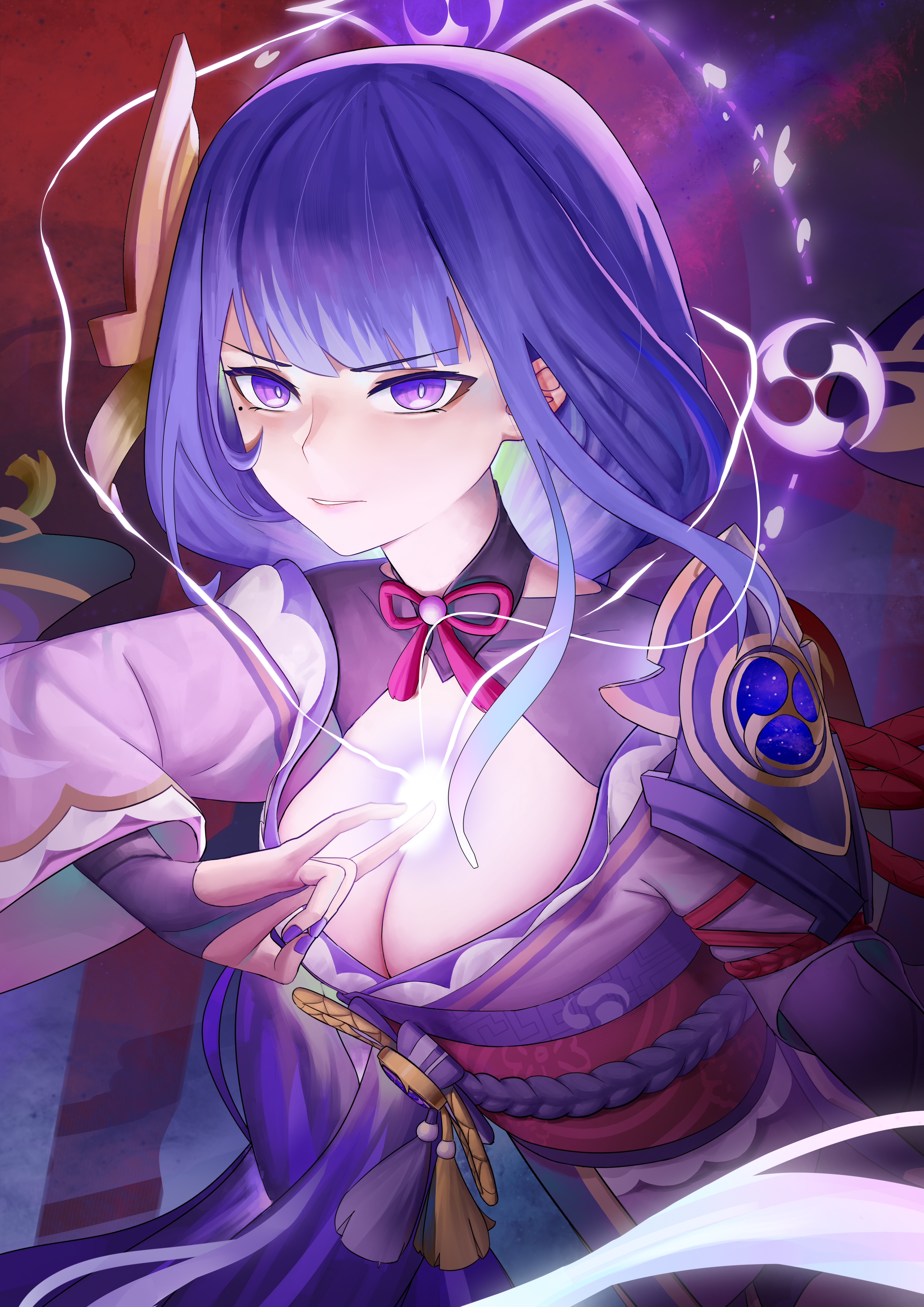 oumu (pixiv 24745345), raiden shogun, genshin impact, absurdres, commentary request, highres, 1girl, armor, asymmetrical sleeves, blue pupils, blunt bangs, braid, breasts, bridal gauntlets, cleavage, clothing cutout, glaring, glowing, hair ornament, japanese armor, japanese clothes, large breasts, leaning forward, long braid, looking at viewer, mitsudomoe (shape), mole, mole under eye, multicolored eyes, multicolored hair, neck ribbon, off shoulder, parted lips, pink lips, powering up, purple eyes, purple hair, purple nails, red ribbon, red sash, red sky, ribbon, sash, shade, shoulder armor, shoulder cutout, single braid, sky, solo, standing, streaked hair, teeth, tomoe (symbol), uneven sleeves, upper body, wide sleeves