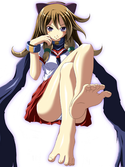 na! (na'mr), 1girl, animal ears, bad anatomy, bad feet, barefoot, brown hair, cat ears, feet, female focus, foot focus, long hair, looking at viewer, panties, pantyshot, poorly drawn, purple eyes, school uniform, serafuku, smile, soles, solo, spread toes, toes, underwear