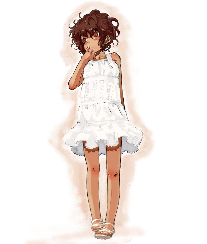 lefty10, bad id, bad pixiv id, blush, brown hair, dark-skinned female, dark skin, dress, red eyes, short hair, solo