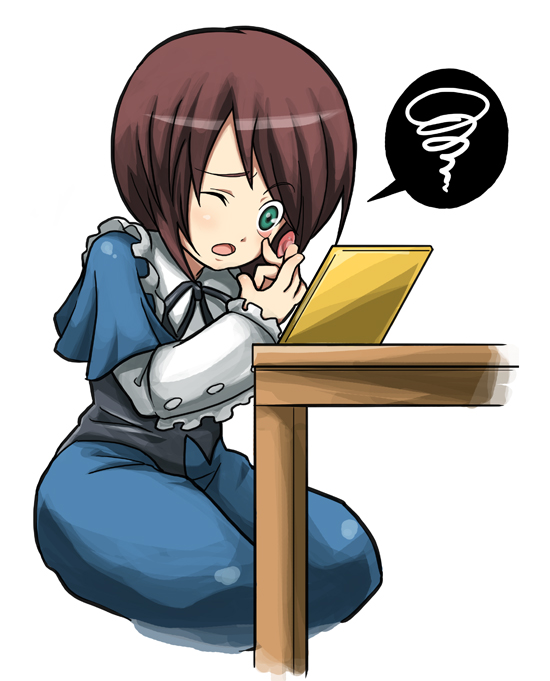 aka, aka (s3637), souseiseki, rozen maiden, bad id, bad pixiv id, 00s, brown hair, contact lens, frills, green eyes, kneeling, simple background, solo, white background