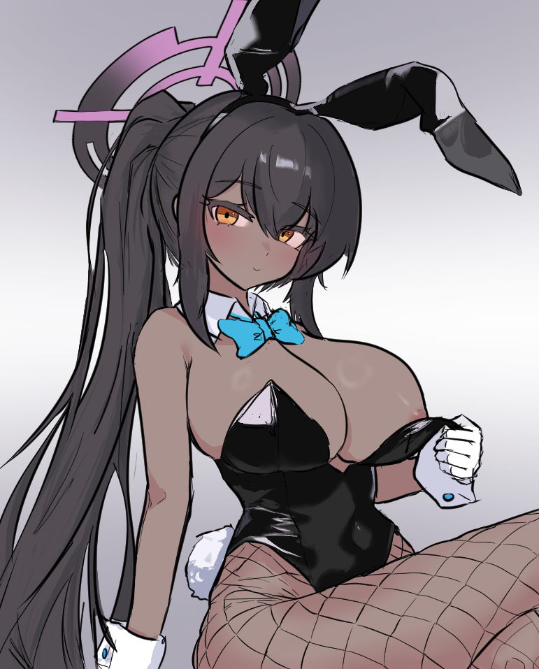 wingcat, karin (blue archive), blue archive, commentary, 1girl, animal ear hairband, animal ears, areola slip, bare shoulders, black leotard, blue bow, blue bowtie, bow, bowtie, breasts, brown hair, covered navel, cowboy shot, crossed legs, dark-skinned female, dark skin, detached collar, dot nose, fake animal ears, fake tail, fishnet pantyhose, fishnets, gloves, gradient background, gradient halo, grey halo, hair between eyes, hairband, halo, highleg, highleg leotard, large breasts, leotard, long hair, long sidelocks, looking at viewer, multicolored halo, orange eyes, pantyhose, playboy bunny, ponytail, purple halo, rabbit ear hairband, rabbit ears, rabbit tail, sidelocks, sitting, smile, solo, strapless, strapless leotard, tail, traditional bowtie, very long hair, white background, white gloves, white wrist cuffs, wrist cuffs