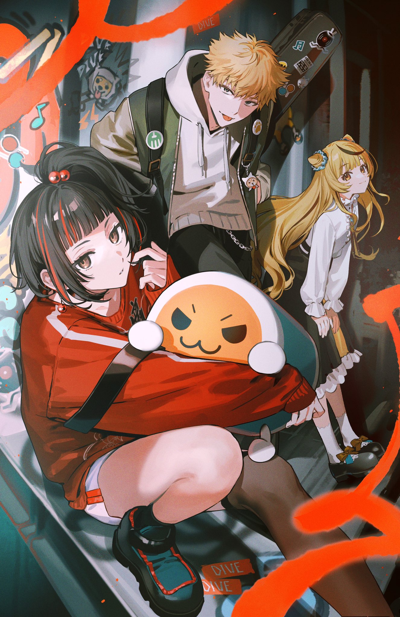 itefu, hana (wadiverse) (taiko no tatsujin), mai (wadiverse) (taiko no tatsujin), takahashi hana, wada don, bandai namco, taiko no tatsujin, commentary request, highres, official art, second-party source, 1boy, 2girls, armband, badge, black armband, black bag, black choker, black eyes, black hair, black pants, black shoes, black skirt, blunt bangs, blurry, blush, bob cut, bolo tie, bow, brooch, brown bow, brown eyes, buckle, button badge, buttons, center frills, character ornament, character sticker, chiaroscuro, choker, closed mouth, collar, collarbone, collared shirt, color coordination, colored bangs, cone hair bun, dai (wadiverse) (taiko no tatsujin), depth of field, dot nose, double bun, drawstring, earrings, eighth note, eyelashes, fang, footwear bow, frilled collar, frilled skirt, frilled sleeves, frills, gigbag, graffiti, green jacket, group name, guitar case, hair bobbles, hair bun, hair ornament, hair scrunchie, half-skirt, half updo, hand on own leg, heart, high-waist skirt, high ponytail, hood, hood down, instrument case, instrument case on back, jacket, jewelry, kabuki kid (fox mask) (taiko no tatsujin), lace-trimmed socks, letterman jacket, long hair, long sidelocks, long sleeves, looking at viewer, mary janes, medium skirt, multicolored hair, multiple girls, musical note, outdoors, pants, ponytail, print sweater, red hair, red sleeve cuffs, red sleeves, red sweater, ribbon, ribbon-trimmed skirt, ribbon trim, scrunchie, shadow, shirt, shirt tucked in, shoes, short bangs, shorts, side ponytail, sidelocks, silver chain, single thighhigh, sitting, skin fang, skirt, sleeve cuffs, smile, split mouth, stick, sticker, straight hair, streaked hair, sweater, teeth, text print, thighhighs, tongue, tongue out, toramai, twists, two-tone hair, v-shaped eyes, velcro, velcro shoes, very long hair, wada inu, wavy hair, wavy sidelocks, white hood, white ribbon, white shirt, white shorts, white sleeves, yellow skirt