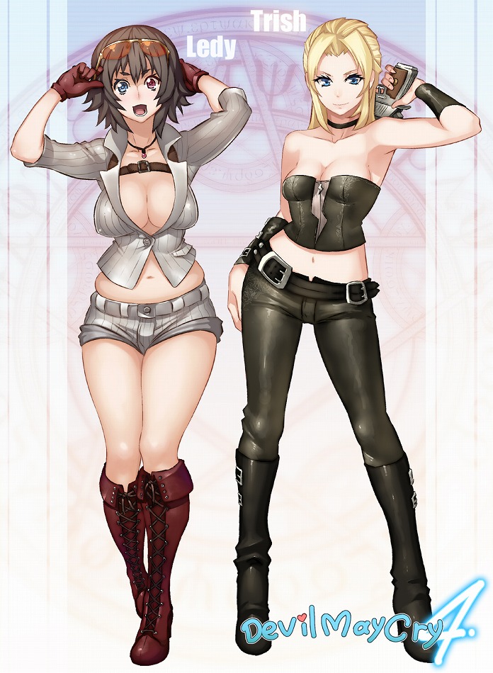 meme50, lady (devil may cry), trish (devil may cry), capcom, devil may cry (series), 00s, 2girls, armpits, bare shoulders, belly, belt, blonde hair, boots, breasts, brown hair, choker, cleavage, contrapposto, curvy, denim, english text, engrish text, gloves, gun, heterochromia, hip focus, jeans, large breasts, legs, long hair, midriff, multiple girls, pants, plump, ranguage, short hair, shorts, standing, sunglasses, weapon, wide hips
