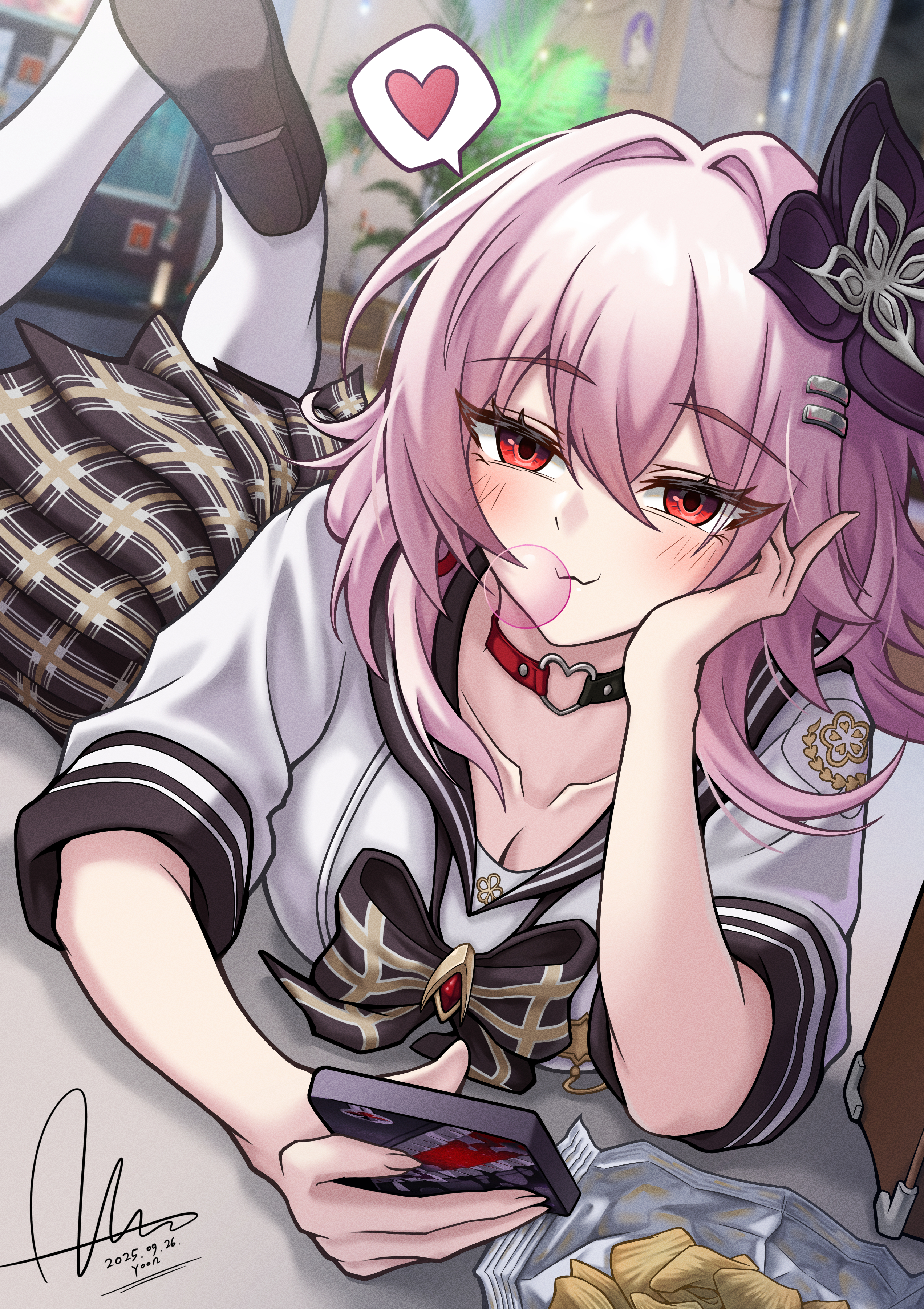 dasoin, evernight (honkai: star rail), firefly (honkai: star rail), firefly (spring missive) (honkai: star rail), march 7th (honkai: star rail), honkai: star rail, honkai (series), absurdres, commentary request, highres, mixed-language commentary, partial commentary, 1girl, alternate costume, bag of chips, black flower, blowing bubble gum, blurry, blurry background, bow, bowtie, breasts, brown bow, brown bowtie, brown skirt, cellphone, chewing gum, choker, cleavage, closed mouth, collarbone, cosplay, dated, feet up, firefly (honkai: star rail) (cosplay), flower, foot out of frame, hair flower, hair ornament, hairclip, hand on own cheek, hand on own face, heart, holding, holding phone, indoors, long hair, looking at viewer, lying, on stomach, parallel hairclips, phone, pink hair, plaid clothes, plaid skirt, pleated skirt, red eyes, school uniform, serafuku, shirt, short sleeves, signature, skirt, smartphone, smile, socks, solo, speech bubble, spoken heart, white shirt, white socks