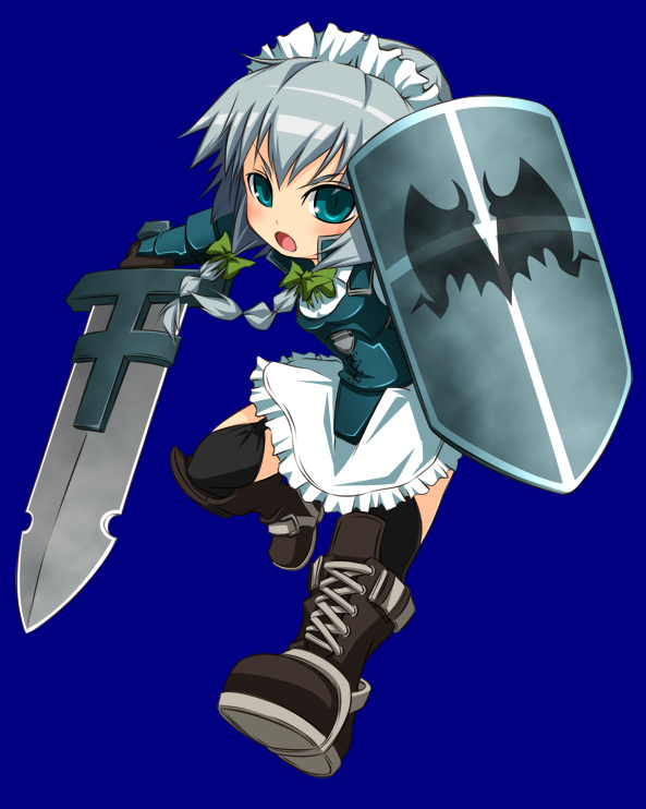 noya makoto, izayoi sakuya, touhou, silver hair, 1girl, black thighhighs, braid, female focus, full body, maid, ribbon, shield, simple background, solo, sword, thighhighs, twin braids, weapon