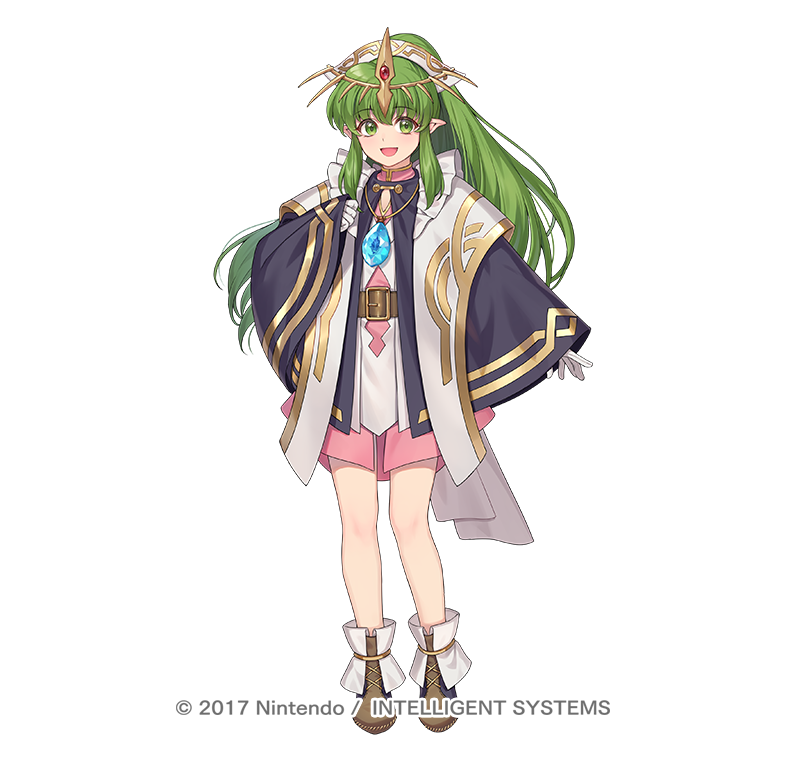 hagiwara rin, tiki (fire emblem), tiki (young) (fire emblem), tiki (young) (legendary dragon) (fire emblem), fire emblem, fire emblem: mystery of the emblem, fire emblem heroes, nintendo, official art, 1girl, cloak, dragonstone, dress, full body, gem, gloves, green eyes, green hair, headpiece, jewelry, long hair, looking at viewer, necklace, open mouth, pink dress, pointy ears, shoes, sidelocks, simple background, smile, solo, tiara, tiki (young) (legendary dragon) (resplendent) (fire emblem), white background, white gloves, wide sleeves