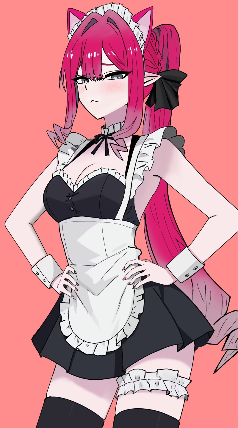 baobhan sith (fate), fate/grand order, fate (series), highres, 1girl, animal ears, apron, bare shoulders, black dress, black thighhighs, blush, breasts, cat ears, cleavage, dbes&s, dress, frilled thigh strap, grey eyes, long hair, looking at viewer, maid, maid headdress, medium breasts, pink hair, pointy ears, ponytail, sidelocks, solo, thigh strap, thighhighs, thighs, white apron, wrist cuffs