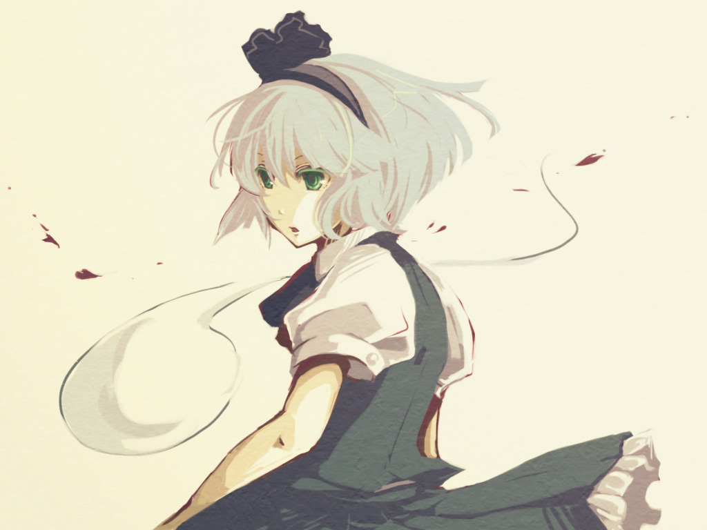 gime, konpaku youmu, konpaku youmu (ghost), touhou, silver hair, bad id, bad pixiv id, 1girl, female focus, ghost, hitodama, ribbon, short hair, solo