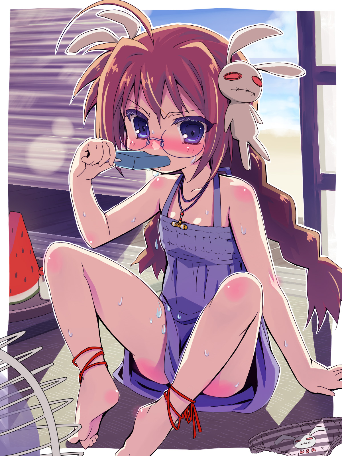 osa (osaosa), vita (nanoha), lyrical nanoha, mahou shoujo lyrical nanoha, mahou shoujo lyrical nanoha a's, mahou shoujo lyrical nanoha strikers, bad id, bad pixiv id, highres, 00s, 1girl, anklet, barefoot, bespectacled, blush, electric fan, feet, female focus, food, glasses, hand fan, hot, ice cream, jewelry, long hair, panties, rabbit, ribbon, solo, sweat, underwear