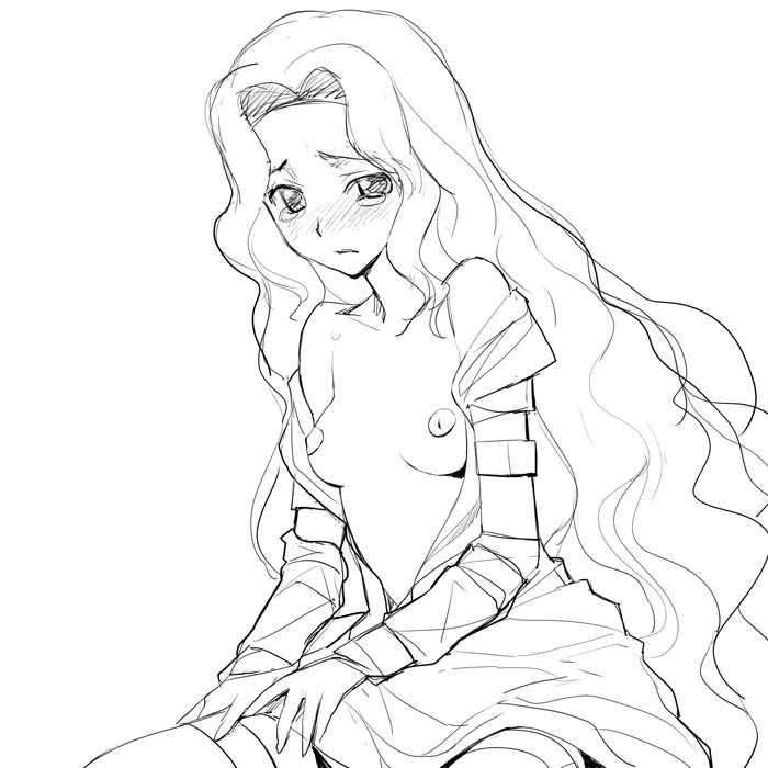 a1 (initial-g), nunnally vi britannia, code geass, 00s, 1girl, breasts, female focus, greyscale, long hair, monochrome, no bra, sketch, small breasts, solo, tears