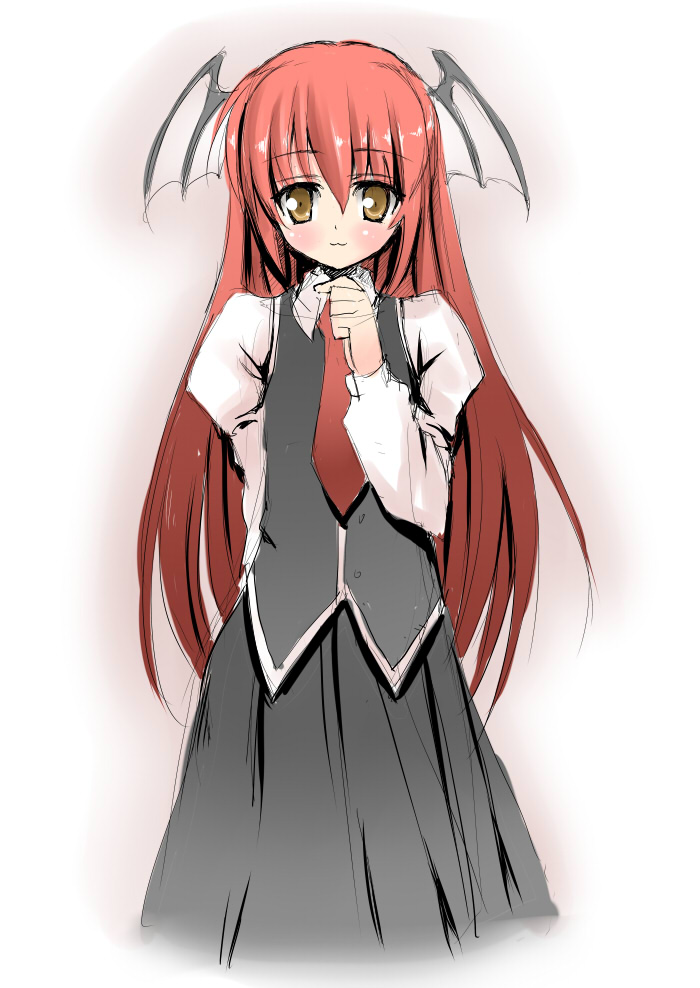 pikazo, koakuma, embodiment of scarlet devil, touhou, 1girl, :3, alternate eye color, bat wings, female focus, head wings, long hair, long skirt, red hair, sketch, skirt, solo, vest, wings, yellow eyes