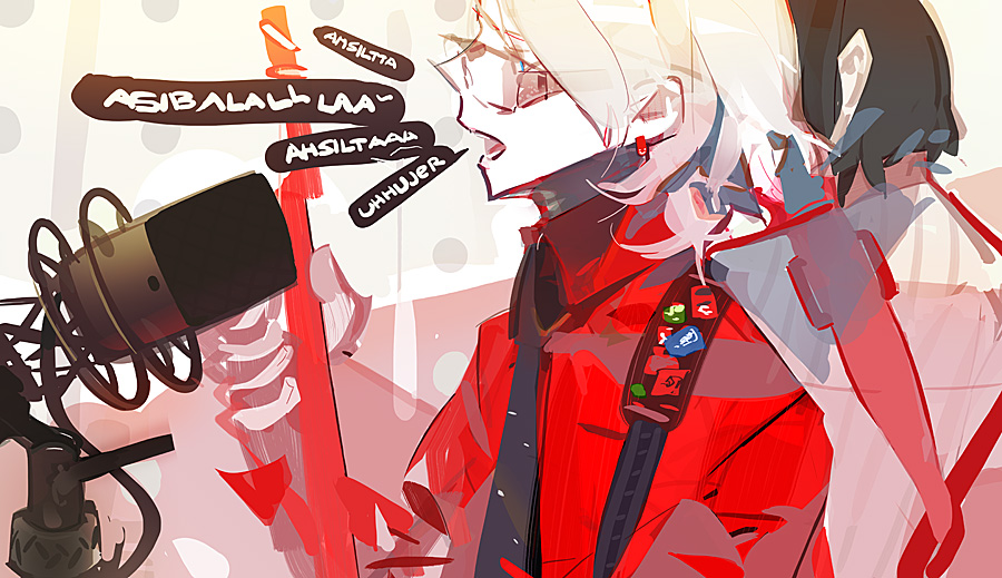 panamaman, blonde hair, blue eyes, earrings, instrument, jewelry, microphone, microphone stand, solo