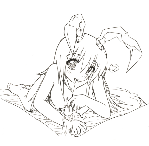 rei (holyspirit), rei (pixiv), reisen udongein inaba, touhou, bad id, bad pixiv id, 1girl, animal ears, breasts, fellatio, greyscale, heart, licking, lineart, long hair, monochrome, nipples, nude, object insertion, oral, penis, pov, rabbit ears, saliva, saliva trail, solo focus, spoken heart, uncensored, urethral fingering, urethral insertion