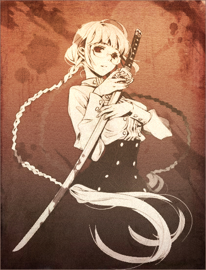 tearfish, original, 1girl, braid, brown theme, female focus, glasses, katana, long hair, monochrome, orange theme, solo, sword, twin braids, very long hair, weapon