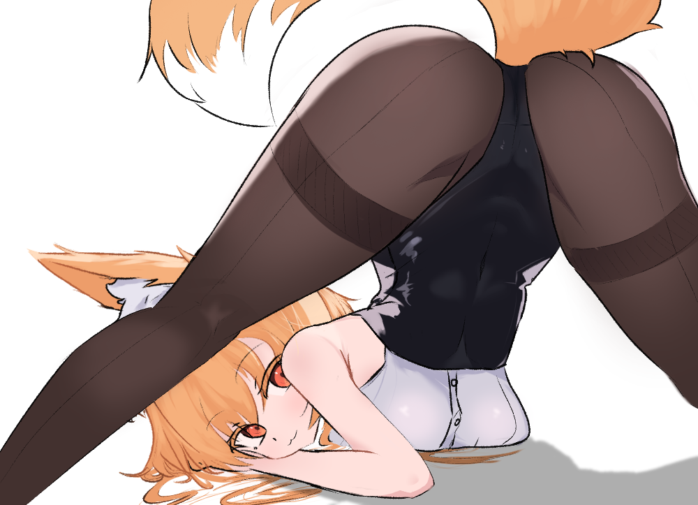 wingcat, original, 1girl, :3, animal ears, ass, bare arms, bare shoulders, blonde hair, breasts, brown pantyhose, covered navel, dot nose, feet out of frame, fox ears, fox girl, fox tail, from behind, hands on ground, highleg, jack-o' challenge, leotard, long hair, looking at viewer, looking back, medium breasts, pantyhose, presenting, red eyes, shadow, shirt, simple background, solo, spread legs, tail, thighhighs, thighs, top-down bottom-up, white background, white shirt, wide spread legs