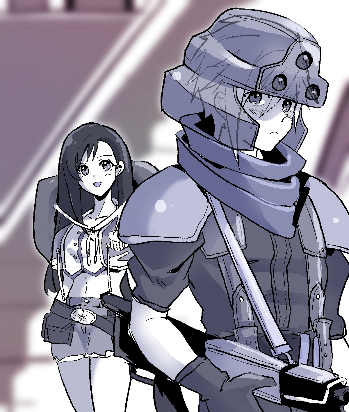 motsutei, cloud strife, shinra infantry, tifa lockhart, tifa lockhart (cowgirl), crisis core final fantasy vii, final fantasy, final fantasy vii, highres, 1boy, 1girl, armor, averting eyes, belt, black hair, blurry, blurry background, blush, cowboy hat, crop top, feet out of frame, gun, hat, helmet, holding, holding gun, holding weapon, long hair, looking at another, midriff, miniskirt, open clothes, open mouth, open vest, scarf, shinra infantry uniform, shoulder armor, skirt, suspenders, unworn hat, unworn headwear, upper body, vest, weapon