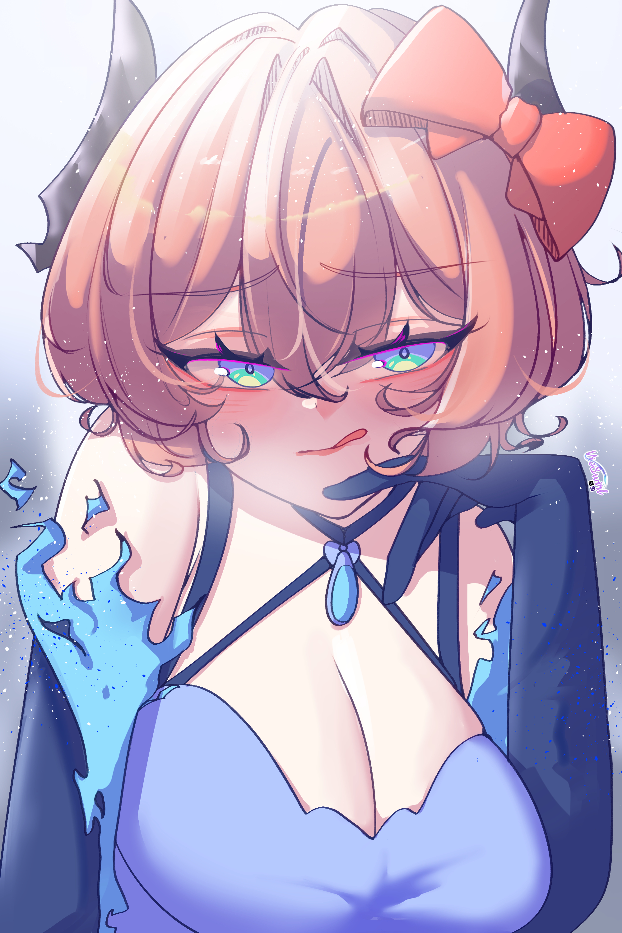 vioswirl, sayori (doki doki literature club), doki doki literature club, absurdres, highres, 1girl, blue dress, blue eyes, blue fire, bow, breasts, cleavage, detached sleeves, dress, fire, hair bow, horns, looking at viewer, medium breasts, multicolored eyes, orange hair, red bow, short hair, tongue, tongue out, two-tone eyes