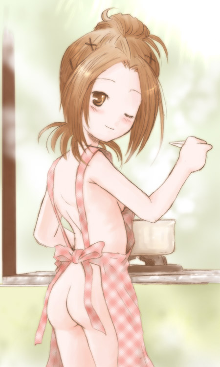 845, saitou (rozen maiden), rozen maiden, 00s, apron, ass, brown eyes, brown hair, cooking, hair ornament, hairclip, looking back, naked apron, wink