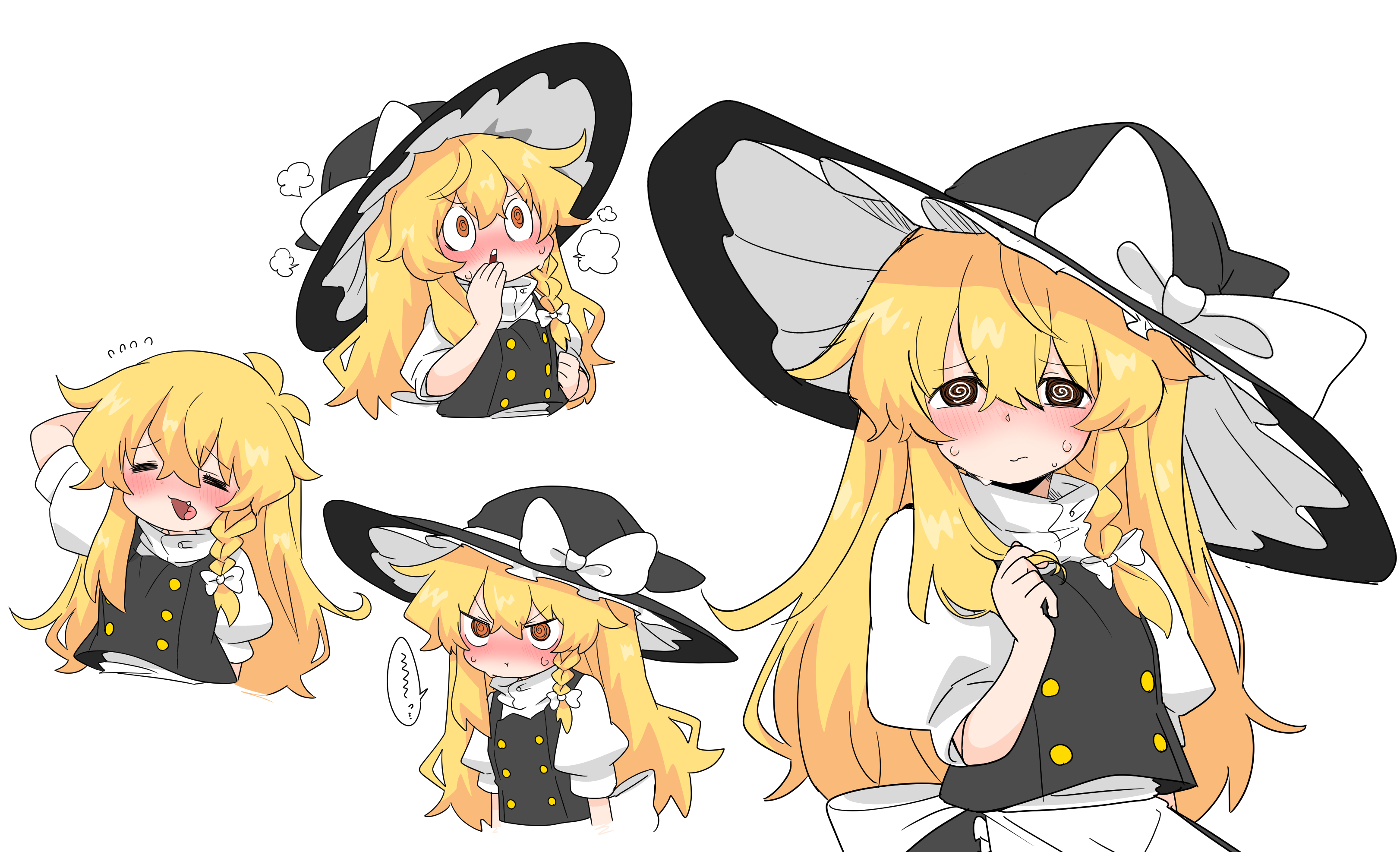 kumanou22, kirisame marisa, touhou, absurdres, commentary request, highres, 1girl, @ @, arm behind head, black hat, blonde hair, bow, braid, braided sidelock, buttons, closed eyes, covering own mouth, double-breasted, frown, hair bow, hat, long hair, looking at viewer, multiple views, puffy short sleeves, puffy sleeves, short sleeves, simple background, speech bubble, upper body, v-shaped eyebrows, white background, white bow, witch hat