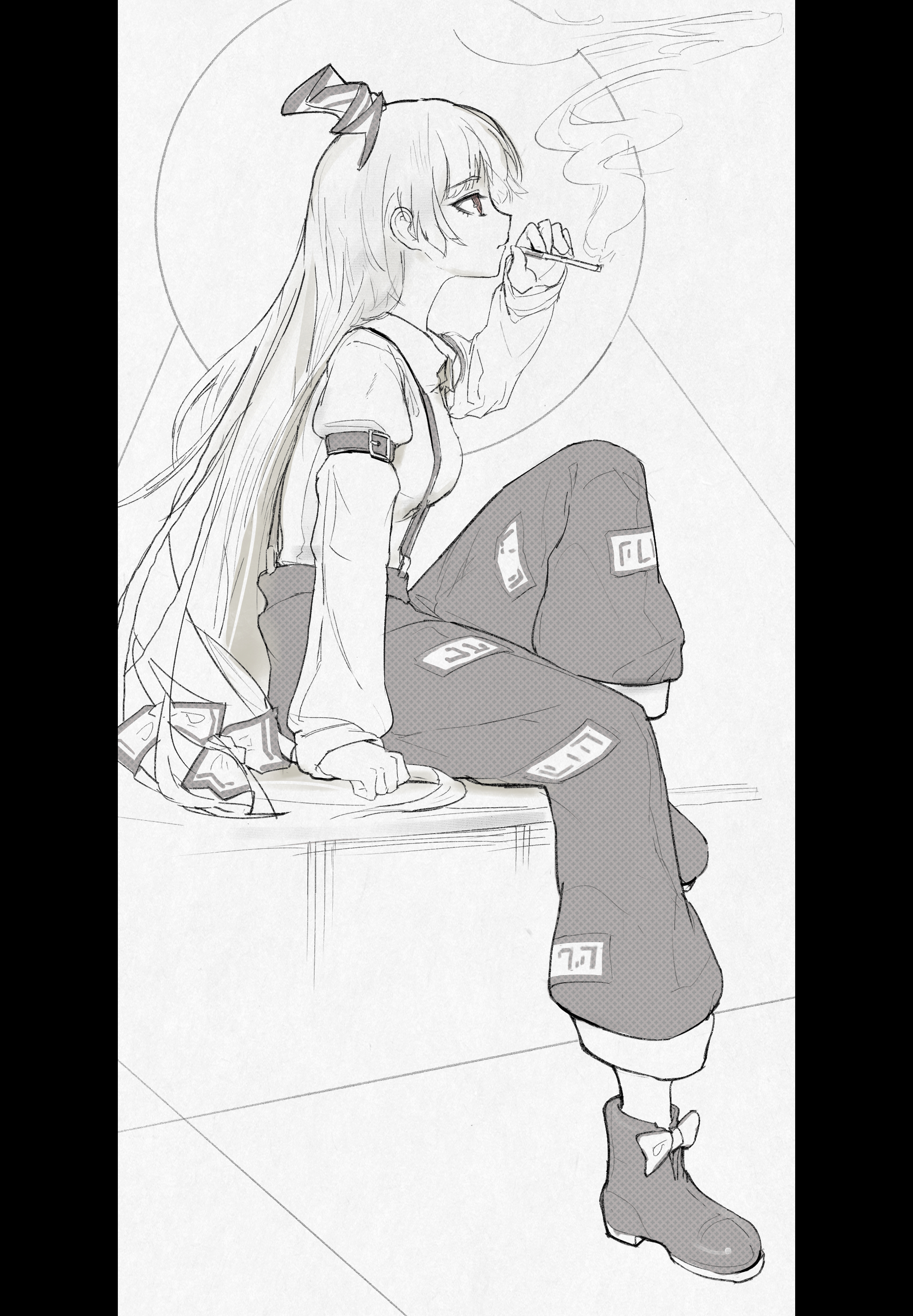 spp5566, fujiwara no mokou, touhou, absurdres, commentary, english commentary, highres, 1girl, arm belt, boots, bow, breasts, cigarette, collared shirt, footwear bow, greyscale, hair bow, holding, holding cigarette, long hair, long sleeves, monochrome, ofuda, ofuda on clothes, pants, pillarboxed, shirt, sitting, smoke, smoking, solo, suspenders, very long hair