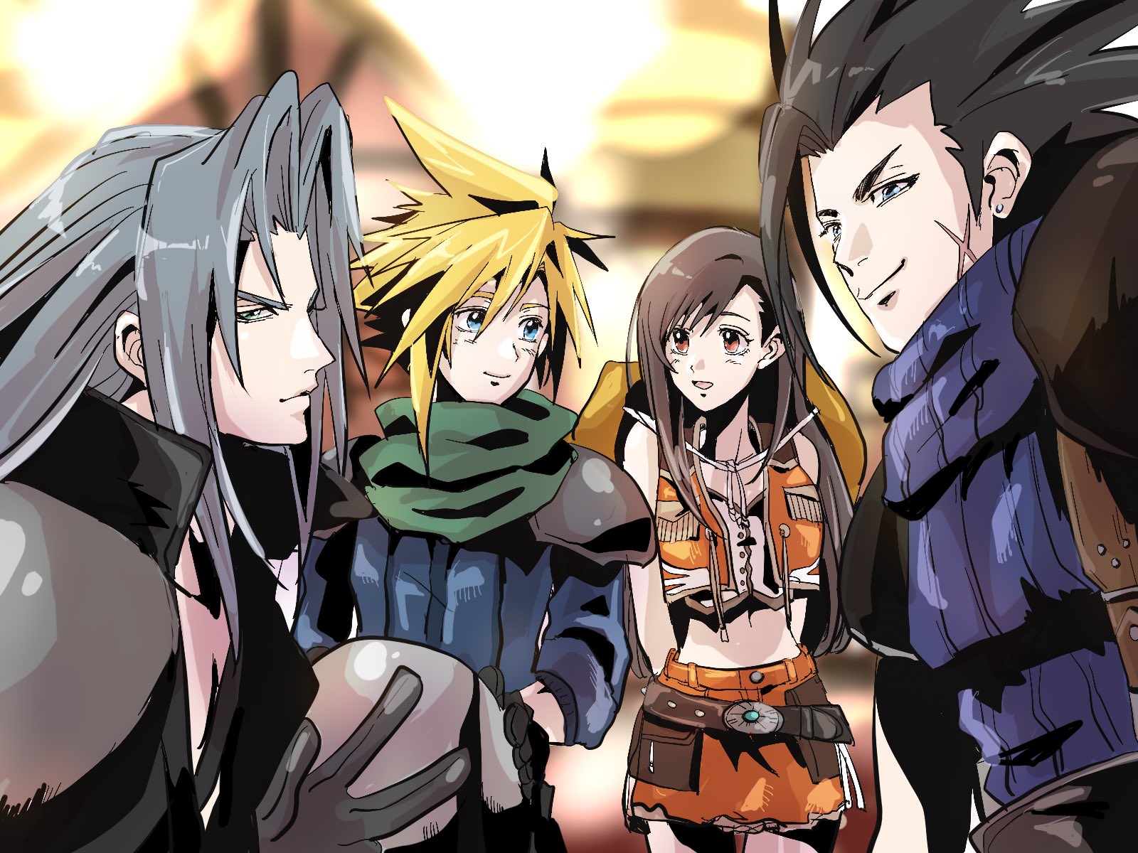 motsutei, cloud strife, sephiroth, shinra infantry, tifa lockhart, tifa lockhart (cowgirl), zack fair, crisis core final fantasy vii, final fantasy, final fantasy vii, commentary request, highres, 1girl, 3boys, armor, arms behind back, black coat, black hair, blonde hair, blue eyes, blue jacket, blue sweater, blurry, blurry background, brown skirt, brown vest, coat, cowboy hat, cowboy shot, crop top, cross scar, facial scar, green eyes, green scarf, grey hair, hat, helmet, holding, holding unworn helmet, jacket, long hair, looking at another, looking at viewer, miniskirt, multiple boys, nibelheim, open clothes, open mouth, open vest, outdoors, red eyes, ribbed sweater, scar, scar on cheek, scar on face, scarf, shinra infantry uniform, shoulder armor, skirt, sleeveless, sleeveless turtleneck, smile, spiked hair, sweater, turtleneck, turtleneck sweater, unworn hat, unworn headwear, unworn helmet, upper body, vest