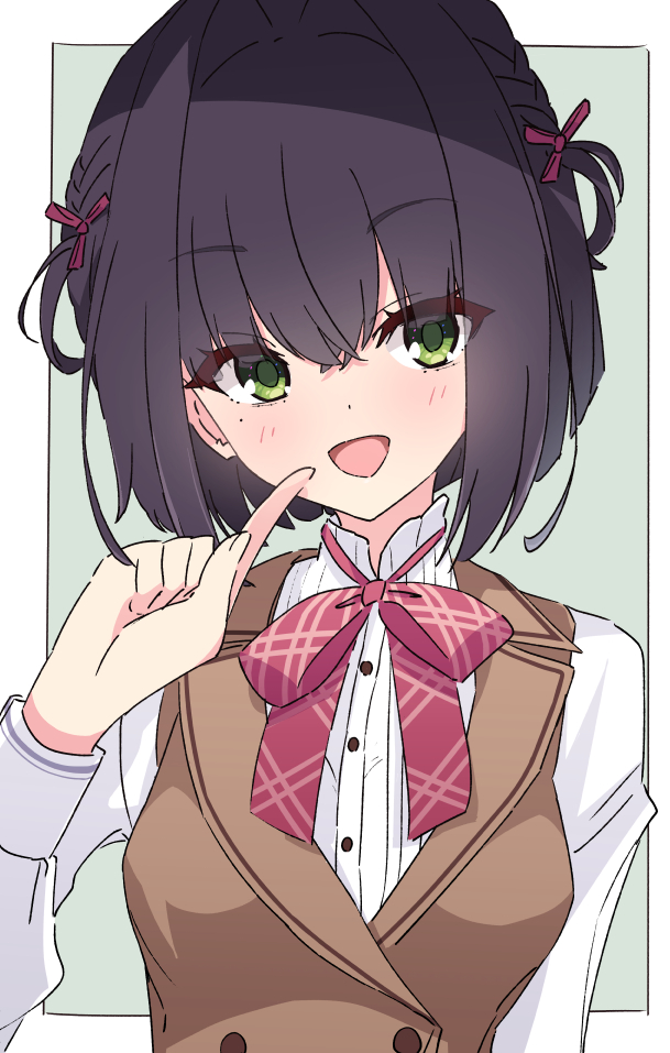 okaeru, nabari anju, limelight lemonade jam, commentary request, 1girl, :d, black hair, blush, bob cut, border, bow, bowtie, braid, brown vest, buttons, double-breasted, eyes visible through hair, green background, green eyes, hair between eyes, hair intakes, hand up, happy, index finger raised, long sleeves, looking at viewer, medium hair, mole, mole under eye, open mouth, outside border, plaid bow, plaid bowtie, plaid clothes, red bow, red bowtie, shirt, side braids, simple background, smile, solo, straight hair, tsurime, two side up, upper body, vest, white border, white shirt