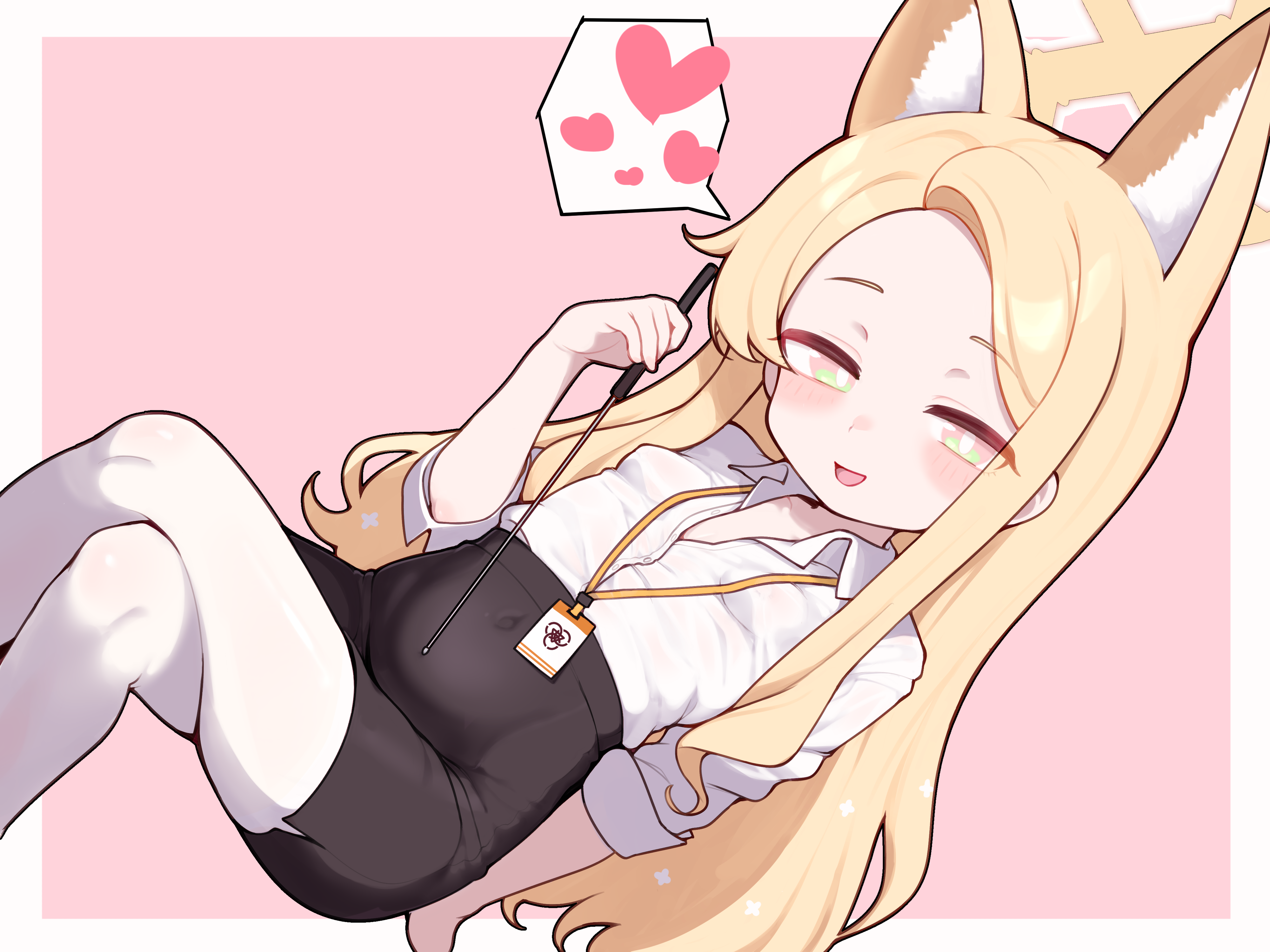 lk149, seia (blue archive), blue archive, absurdres, commentary, highres, 1girl, animal ears, black shorts, black skirt, blonde hair, breasts, fox ears, fox girl, halo, heart, high-waist shorts, long hair, pantyhose, pantyhose under shorts, shirt, shorts, skirt, small breasts, solo, speech bubble, spoken heart, white pantyhose, white shirt, yellow halo