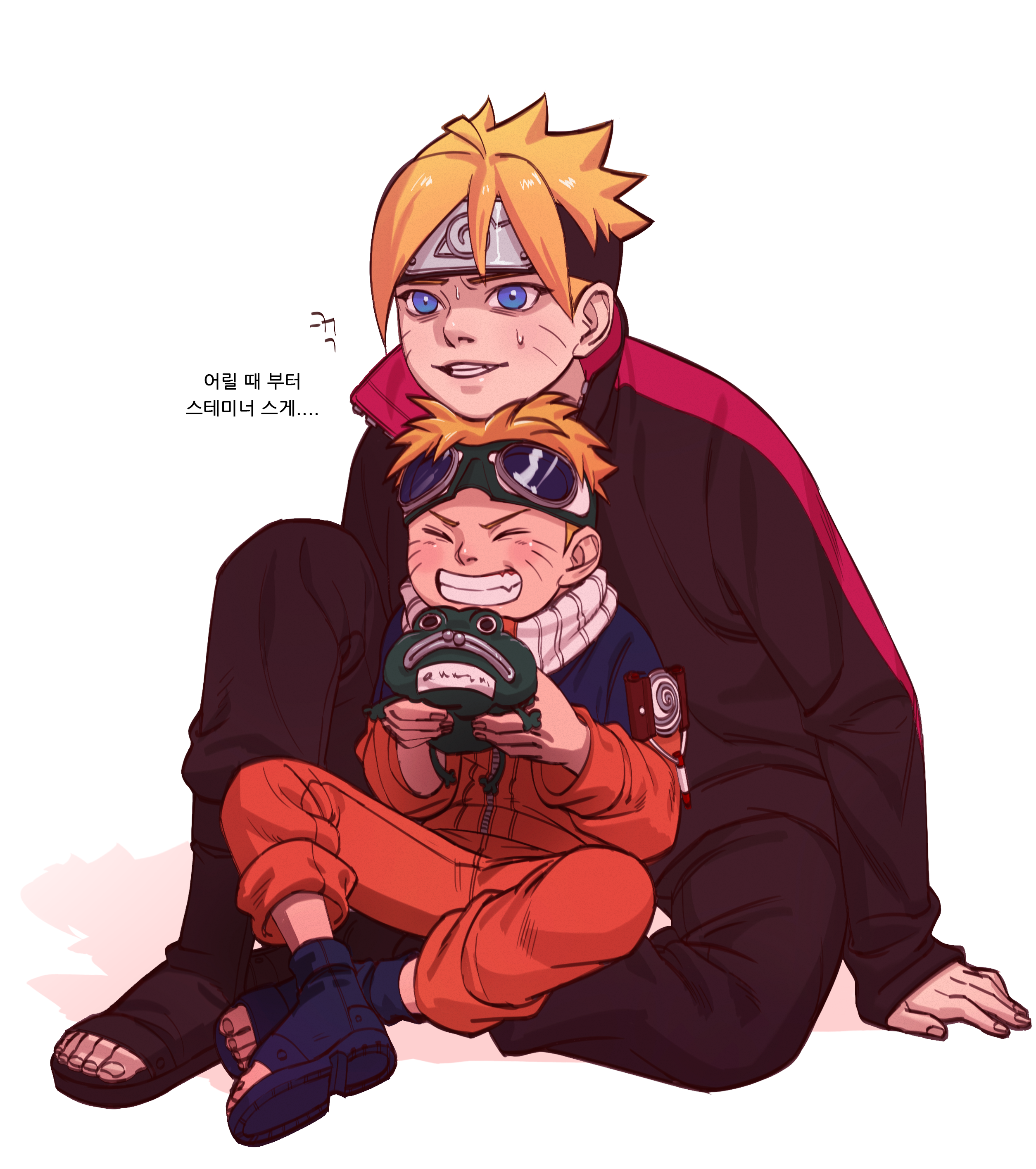 uzumaki boruto, uzumaki naruto, boruto: naruto next generations, naruto (classic), naruto (series), absurdres, commentary request, highres, korean commentary, translation request, 2boys, aged down, blonde hair, blue eyes, facial mark, forehead protector, goggles, goggles on head, grin, holding, jacket, korean text, male focus, multiple boys, negeotibeu dungji, open-toe shoes, orange jacket, orange pants, pants, sitting, smile, sweat, time paradox, whisker markings