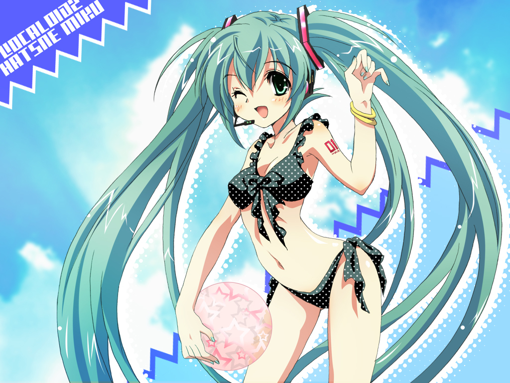suzui narumi, hatsune miku, vocaloid, non-web source, 1girl, aqua eyes, aqua hair, aqua nails, ball, bikini, bracelet, female focus, green hair, jewelry, long hair, nail polish, one eye closed, side-tie bikini bottom, solo, swimsuit, twintails, wink