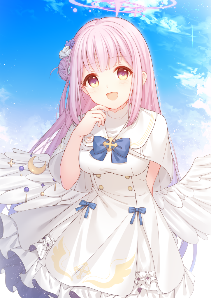 nishikawa (pixiv13169679), mika (blue archive), blue archive, 1girl, angel wings, blue bow, blue sky, bow, breasts, buttons, capelet, double-breasted, dress, feathered wings, frilled dress, frills, hair bun, halo, light blush, looking at viewer, low wings, medium breasts, open mouth, pink hair, pink halo, purple eyes, single hair bun, single side bun, sky, smile, solo, white capelet, white dress, white overskirt, white wings, wing ornament, wings