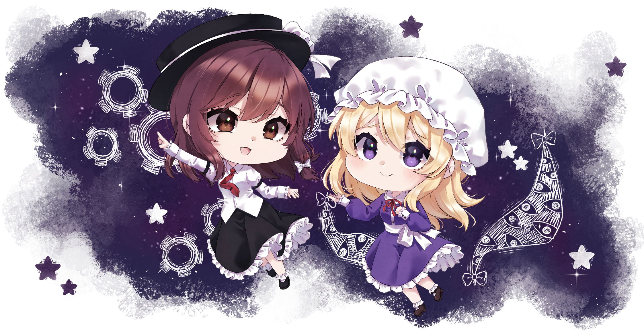 korotrishia, maribel hearn, usami renko, touhou, commentary request, highres, 2girls, black hat, black shoes, black skirt, blonde hair, bow, brown eyes, brown hair, chibi, chibi only, closed mouth, collared shirt, dress, frilled skirt, frills, gap (touhou), hat, hat bow, long hair, long sleeves, mob cap, multiple girls, neck ribbon, necktie, open mouth, pointing, purple dress, red necktie, red ribbon, ribbon, shirt, shoes, skirt, smile, socks, white bow, white hat, white shirt, white socks