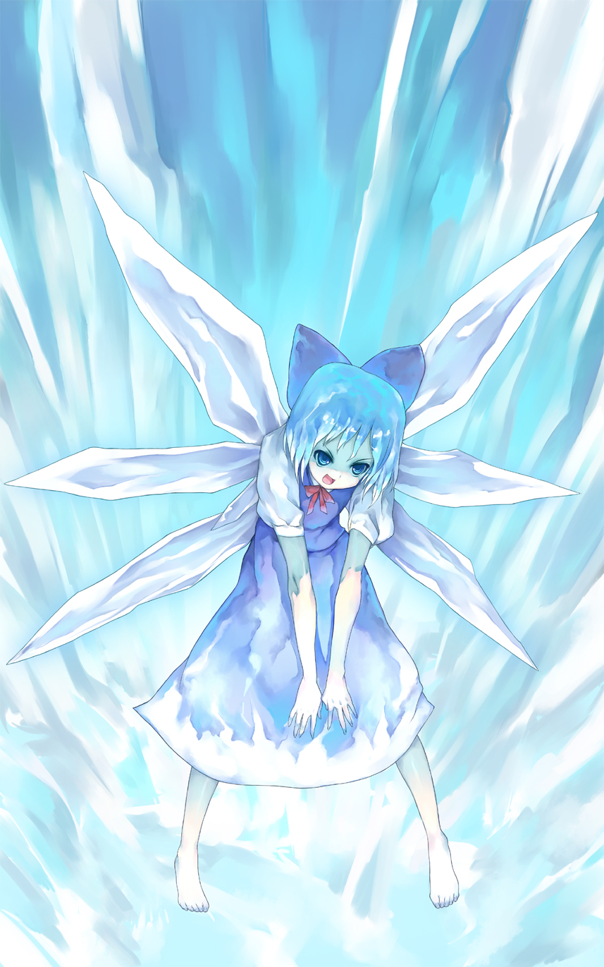 monk (syugyousou), cirno, embodiment of scarlet devil, touhou, bad id, bad pixiv id, highres, 1girl, barefoot, blue hair, female focus, ribbon, short hair, skirt, solo, wings