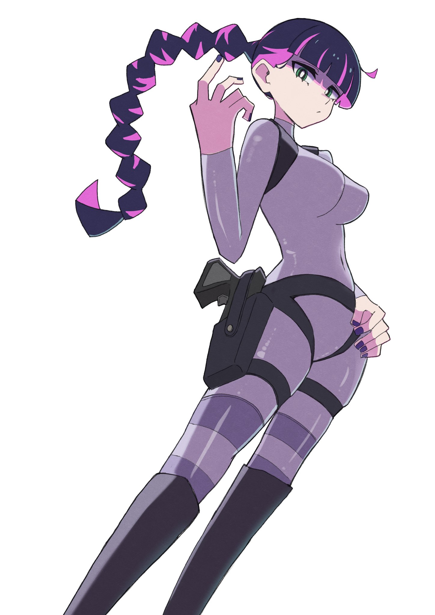 labo81872874, lara croft, stocking (psg), panty & stocking with garterbelt, tomb raider, highres, 1girl, bodysuit, braid, cosplay, holster, lara croft (cosplay), looking at viewer, multicolored hair, nail polish, purple hair, solo focus, striped clothes, striped leggings, striped thighhighs, thigh holster, thighhighs
