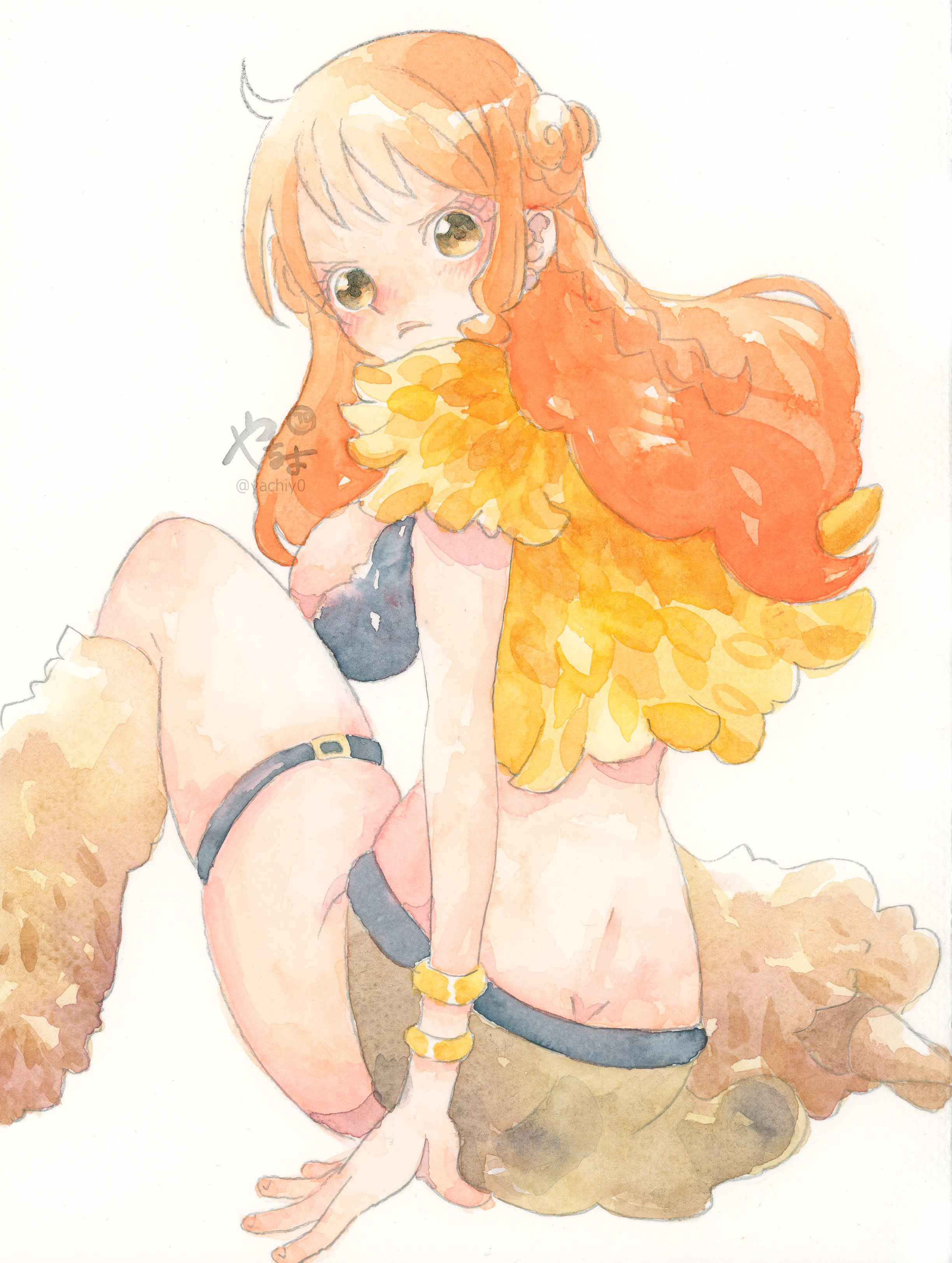 yachiy0, nami (one piece), one piece, absurdres, commentary, highres, traditional media, 1girl, bangle, blush, bracelet, braid, breasts, brown eyes, brown loincloth, brown skirt, butt crack, capelet, closed mouth, crop top, earrings, feet out of frame, from behind, fur-trimmed capelet, fur trim, jewelry, knee up, large breasts, leg warmers, loincloth, long hair, looking at viewer, looking back, miniskirt, official alternate costume, orange hair, pearl earrings, signature, sitting, skindentation, skirt, solo, thigh strap, twitter username, yellow capelet