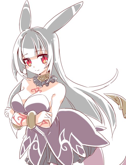 yusa yuyu, reimi (emil chronicle online), emil chronicle online, gold armlet, 1girl, animal ears, black hair, black shirt, black skirt, body markings, breasts, choker, cleavage, frilled choker, frills, gold choker, lamia, large breasts, long hair, monster girl, off-shoulder shirt, off shoulder, red eyes, shirt, skirt, smile, solo, white background