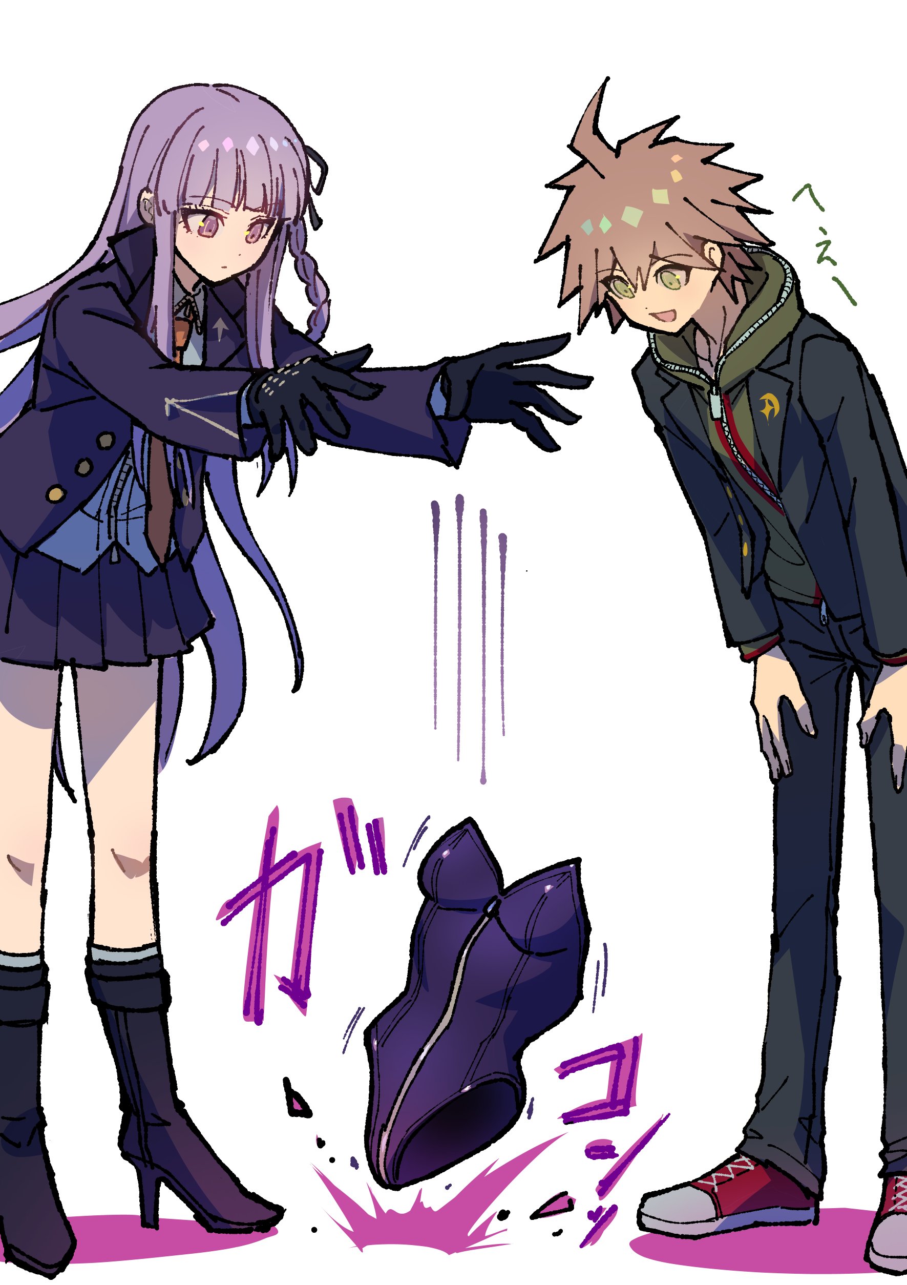 youko-shima, kirigiri kyoko, naegi makoto, danganronpa: trigger happy havoc, danganronpa (series), absurdres, highres, 1boy, 1girl, ahoge, black gloves, black jacket, black ribbon, braid, brown hair, collared shirt, gloves, hair ribbon, hood, hood down, jacket, leotard, long hair, long sleeves, necktie, open clothes, open jacket, open mouth, ribbon, shirt, shoes, short hair, side braid, skirt, standing, white shirt