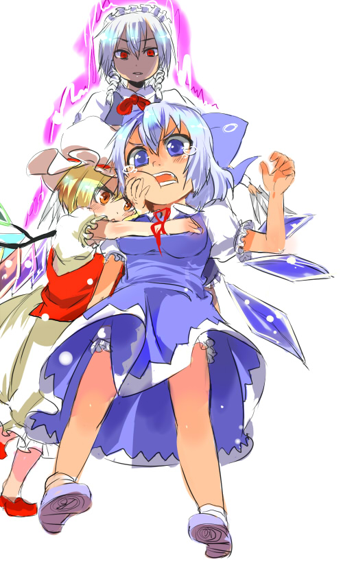 shirow (crazy), shirow (pixiv), cirno, flandre scarlet, izayoi sakuya, embodiment of scarlet devil, touhou, silver hair, bad id, bad pixiv id, 3girls, blonde hair, bloomers, blue hair, breast envy, breasts, circled 9, female focus, grabbing another's breast, groping, hat, lace, maid, multiple girls, ribbon, short hair, simple background, tears, underwear, wings