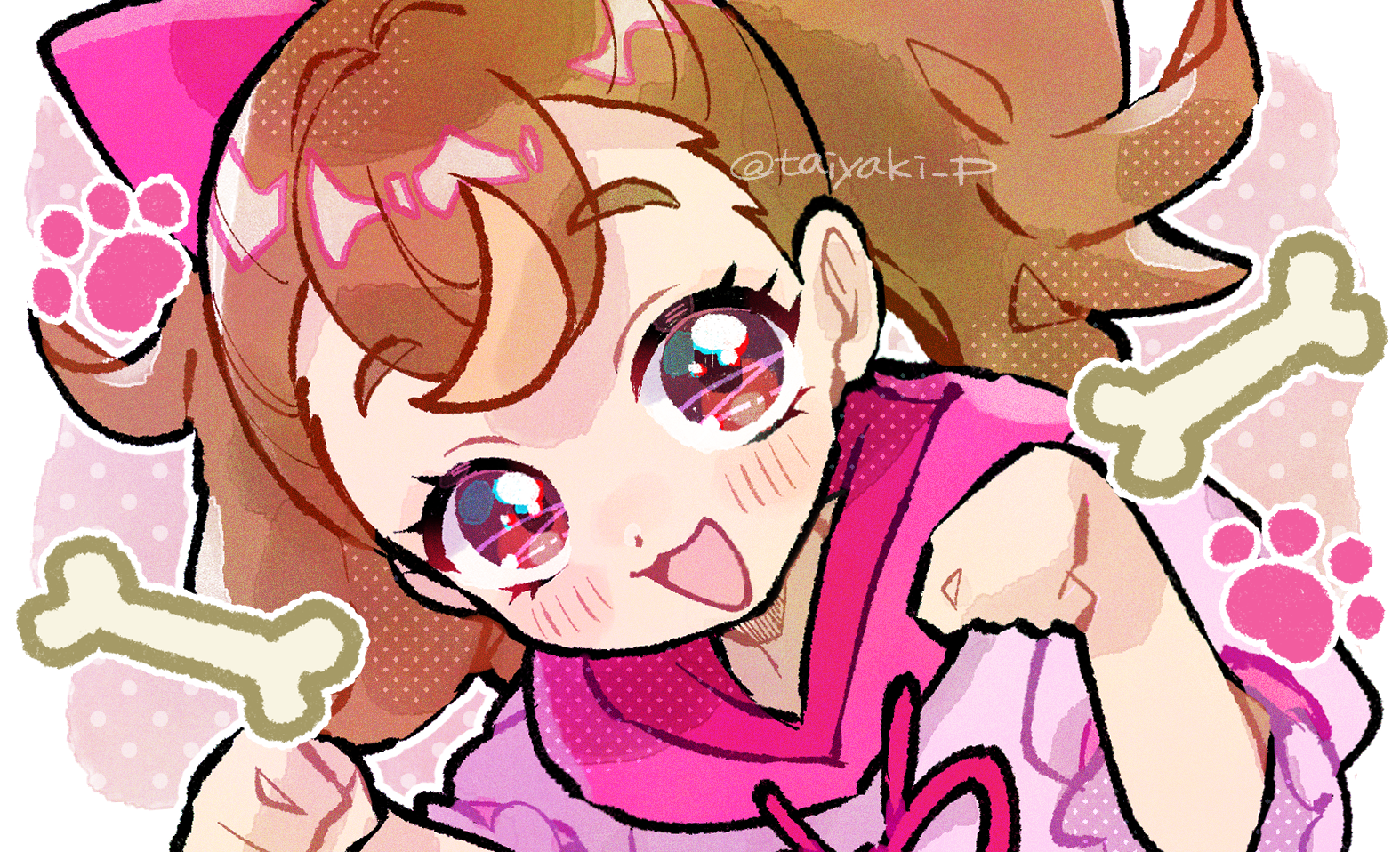 doradorakingyo, inukai komugi, precure, wonderful precure!, commentary, symbol-only commentary, 1girl, blush, bone, border, brown eyes, brown hair, clenched hands, hood, hooded sweater, leaning forward, looking at viewer, open mouth, paw pose, paw print, pink sweater, polka dot, polka dot background, solo, sweater, upper body, white border