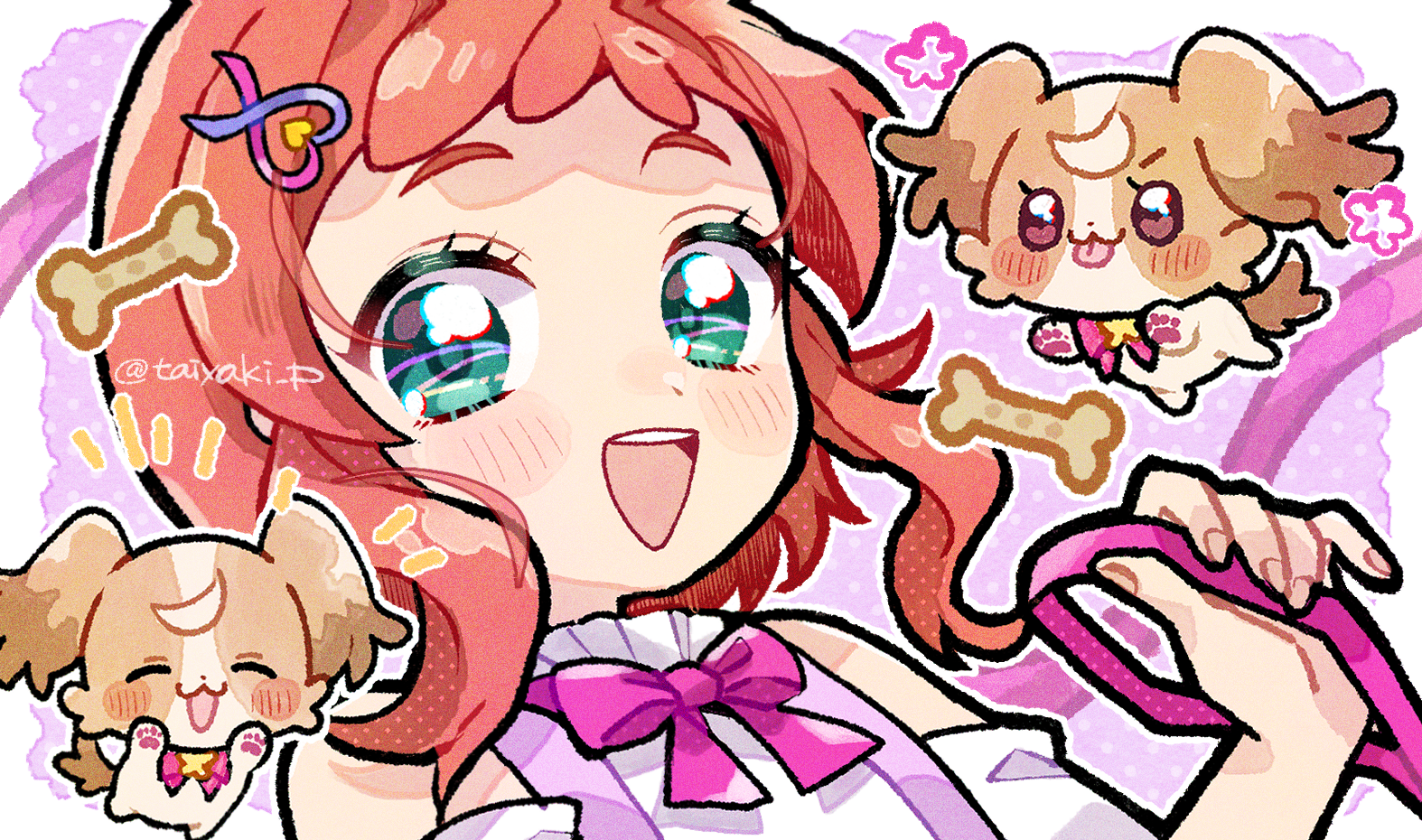 doradorakingyo, inukai iroha, inukai komugi, inukai komugi (dog), precure, wonderful precure!, commentary, symbol-only commentary, 2girls, :3, blush stickers, bone, bow, detached sleeves, dog, eyelashes, fingernails, green eyes, hair ornament, holding, holding leash, leash, looking at viewer, multiple girls, open mouth, papillon (dog), pawpads, pink bow, red hair, short hair, teeth, tongue, tongue out, twitter username, upper teeth only