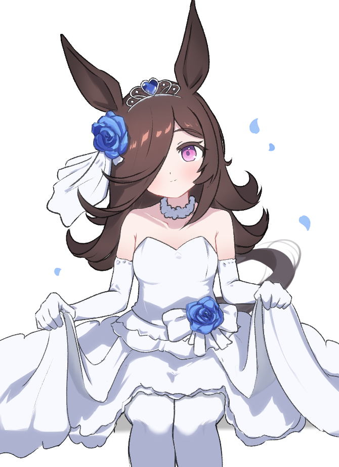 wingcat, rice shower (umamusume), umamusume, commentary request, partial commentary, 1girl, animal ears, bare shoulders, blue flower, blue petals, blue rose, bow, breasts, brown hair, clothes grab, collar, collarbone, dot nose, dress, elbow gloves, flipped hair, flower, frilled dress, frills, gloves, hair flower, hair ornament, hair over one eye, heart, horse ears, horse girl, light blush, light smile, long hair, looking at viewer, medium breasts, one eye covered, pale skin, pantyhose, petals, pink eyes, rose, simple background, sitting, solo, strapless, strapless dress, tiara, wedding, wedding dress, white background, white bow, white collar, white dress, white gloves, white pantyhose